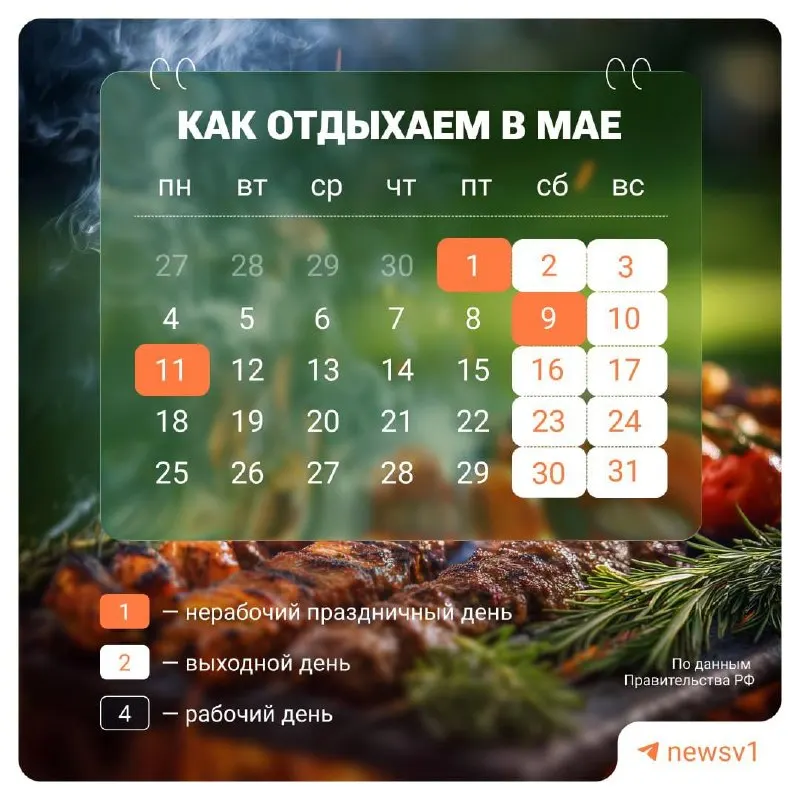 С 9 по 11 мая установлены официальные нерабочие дни, посвящённые празднованию Дня Победы.