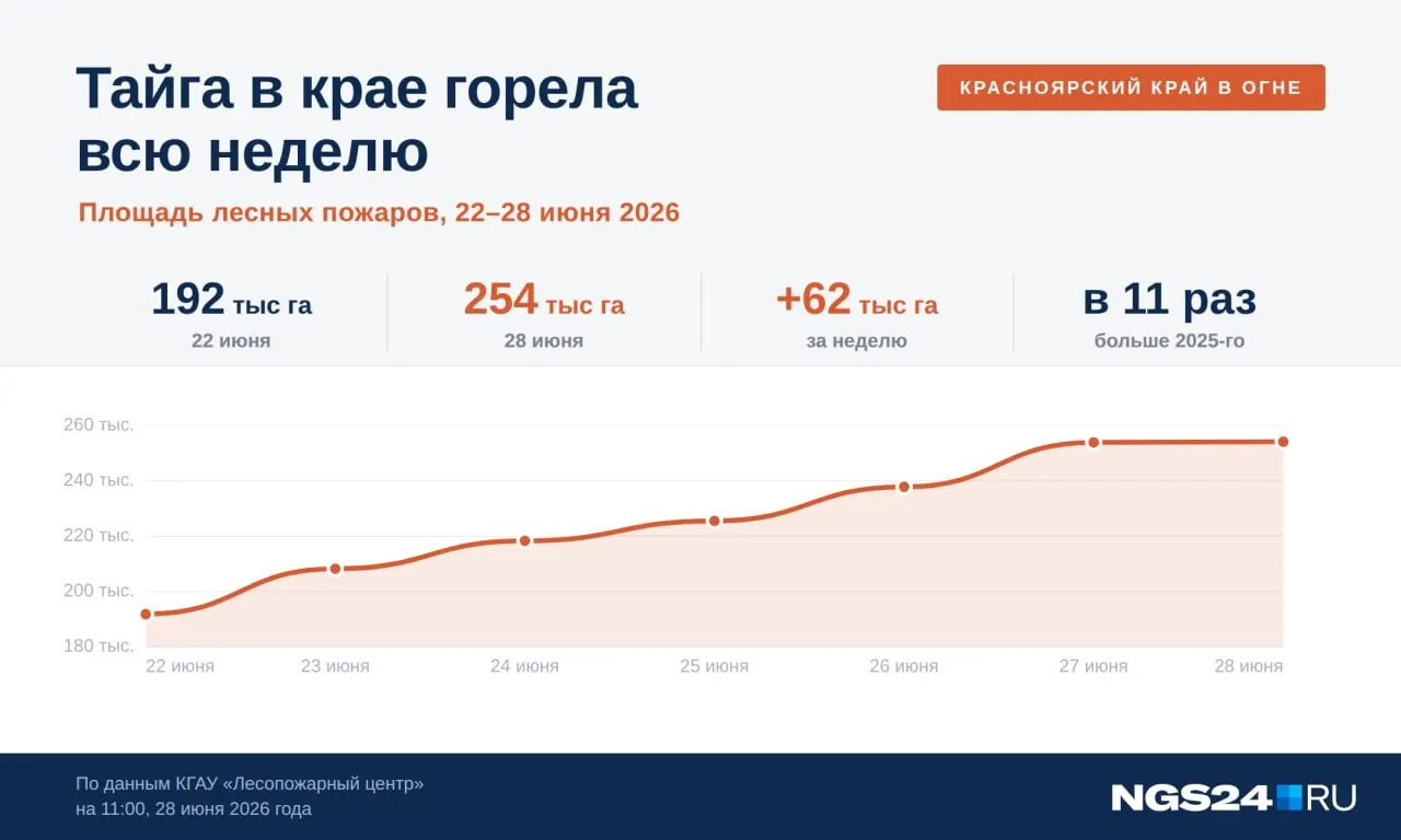 Площадь горящей тайги в крае выросла с ~192 тыс. га 22 июня до 254 тыс. га к утру 28 июня; за семь дней зона активного горения увеличилась более чем на 60 тыс. га.
