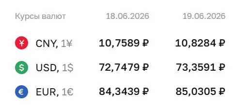 Официальный курс на 19 июня: доллар — 73,36 ₽, евро — 85,03 ₽, юань — 10,83 ₽. По этим курсам проводятся расчеты по ряду финансовых инструментов.