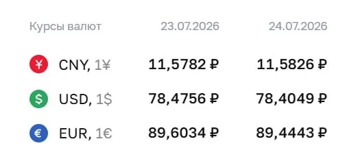 На 24 июля официальный курс: доллар — ₽78,40 (−₽0,07), евро — ₽89,44 (−₽0,16); курс юаня практически не изменился. По курсу ЦБ проходят расчёты по ряду инструментов.