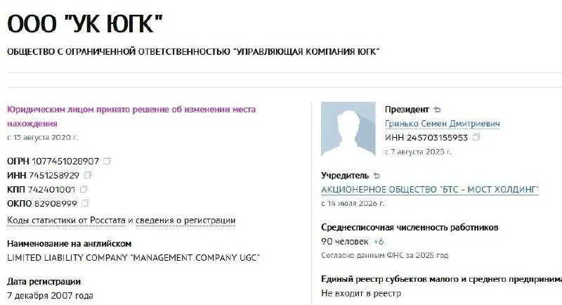 Управляющая компания холдинга оказалась в управлении АО «БТС‑Мост Холдинг» — победителя аукциона по активам, ранее находившимся в собственности РФ.