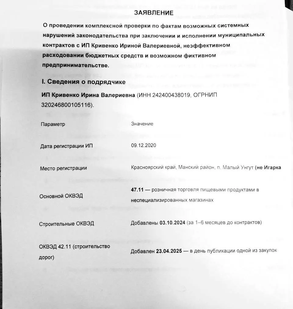 Администрация Игарки заключила 11 муниципальных контрактов с единственным участником — ИП Кривенко из Манского округа. Жители сомневаются в квалификации подрядчика и подозревают скрытые субподряды; прокуратура проверяет факты.